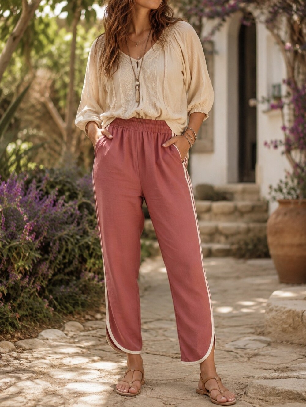 twik Dusty Rose Track Pants with Cream Side Stripes